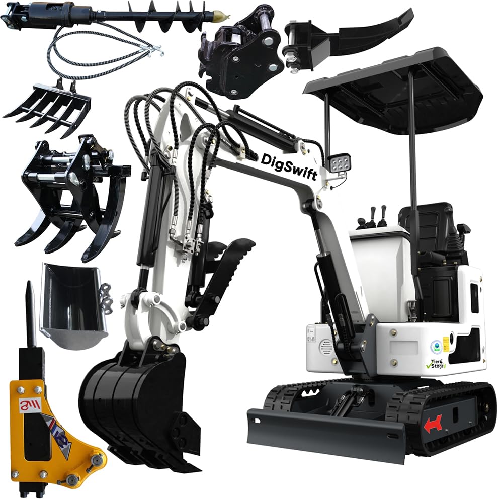 DS-15WPRO, New 1.2 Ton Crawler B&S Gasoline 90% Pre-Assembled Mini Excavator, with Quick Coupler, Ripper, Rake, Toothless Bucket, Grapple, Auger, Hydraulic Hammer Breaker Kit, Work for Any Occasions