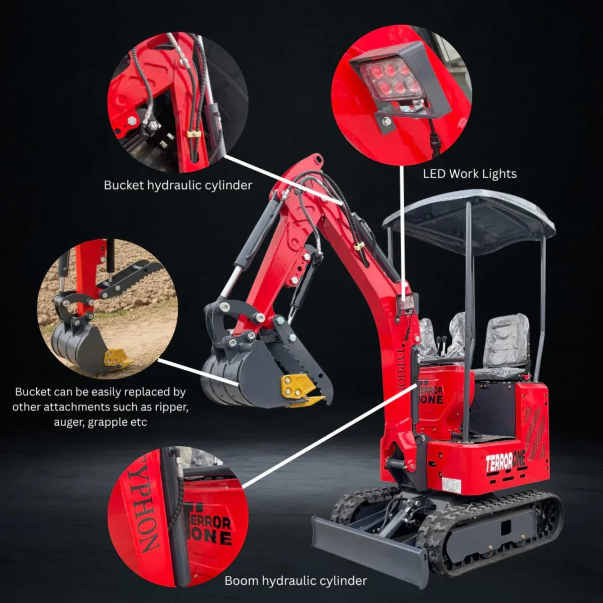 TYPHON Terror ONE Storm 1 Ton Mini Excavator Trench Digger with Canopy, Hydraulic Oil Cooler, 13.5hp B&S Engine, Wide 380mm Bucket & Hydraulic Thumb Clip for Farms, Gardens & Construction