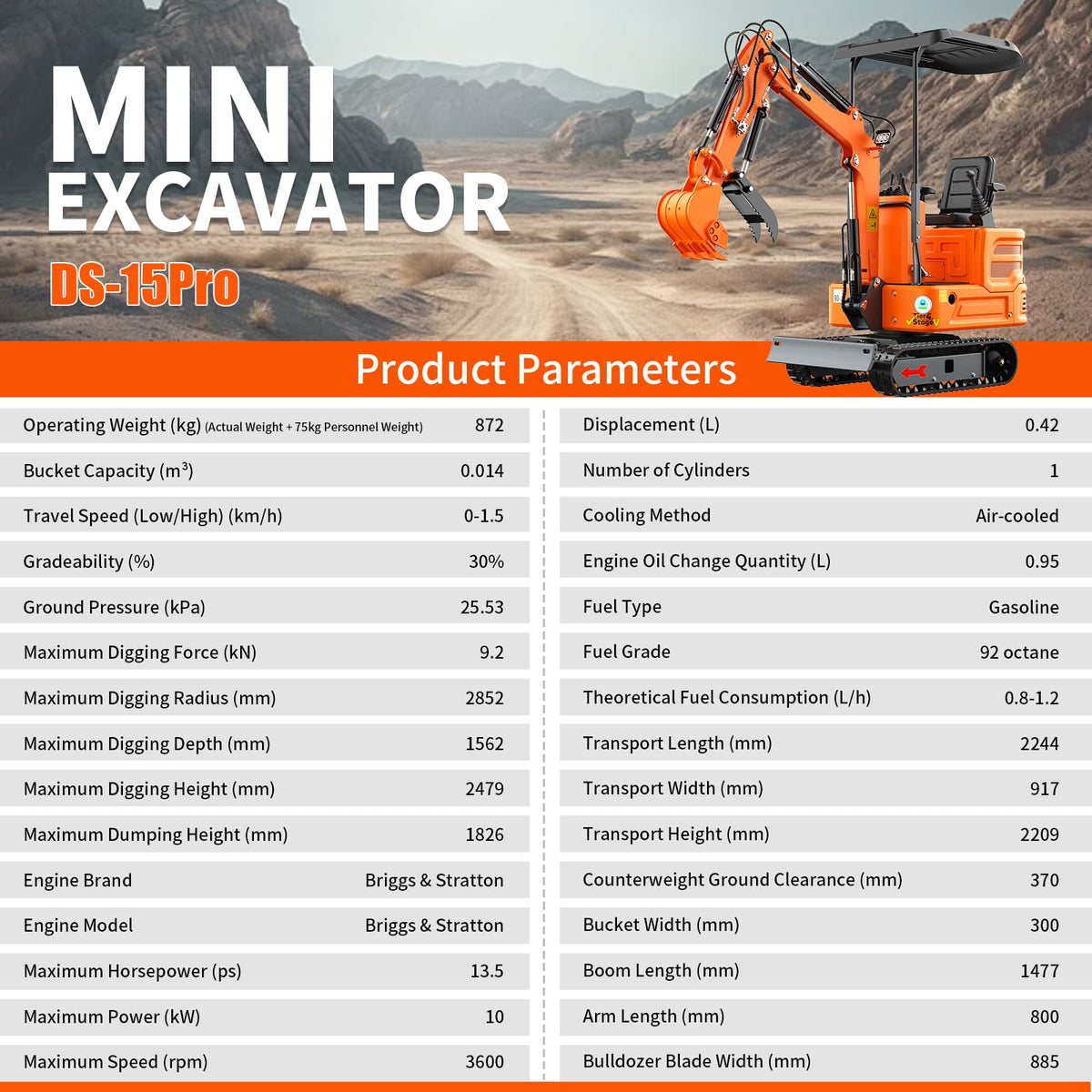 DS-15PRO, 1.2 Ton New 90% Pre-Assembled Mini Excavator, w/Pilot Control System, B&S Gasoline, Hydraulic Thumb Clamp, Bucket, Enjoy DIY, w/ 12 Months Parts Replacement, delivery & unloading Services