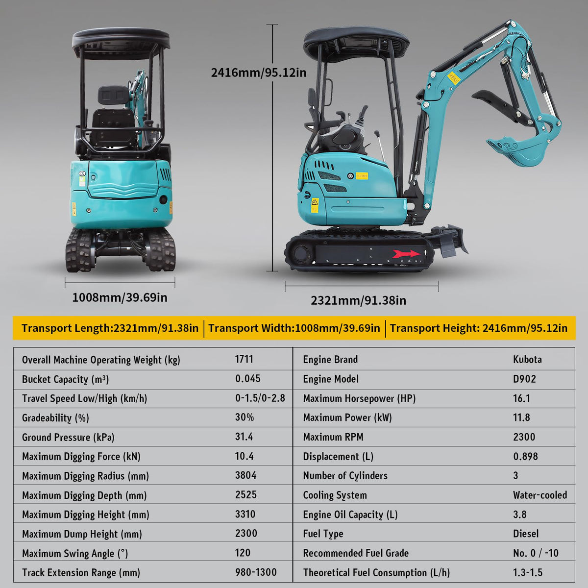 DigSwift Heavy-Duty 2.2 Ton Mini Excavator, With 16.5 HP Diesel KubotaEngine, Pilot Controls Track Extension Side Swing Boom Trench Digger for for Construction, US In Stock