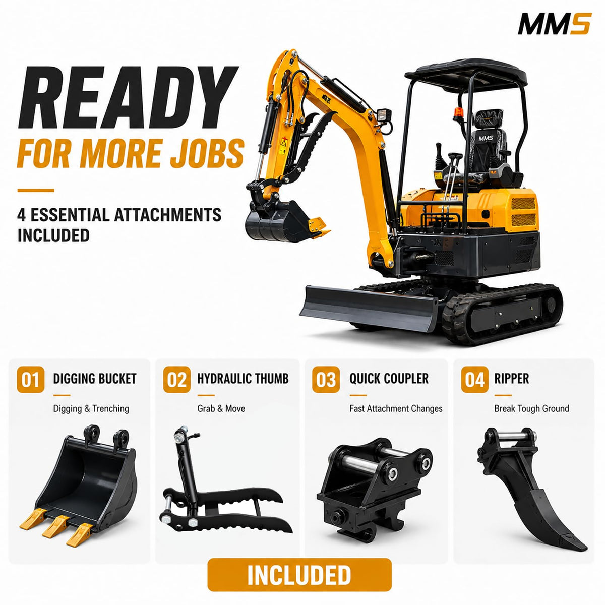 MMS20P 2 Ton Mini Excavator 18 HP Kubota Diesel Engine with Side Swing, Hydraulic Thumb, Quick Coupler & Ripper, Digger Machine for Landscaping Garden Tight Spaces Construction, Unloading Included