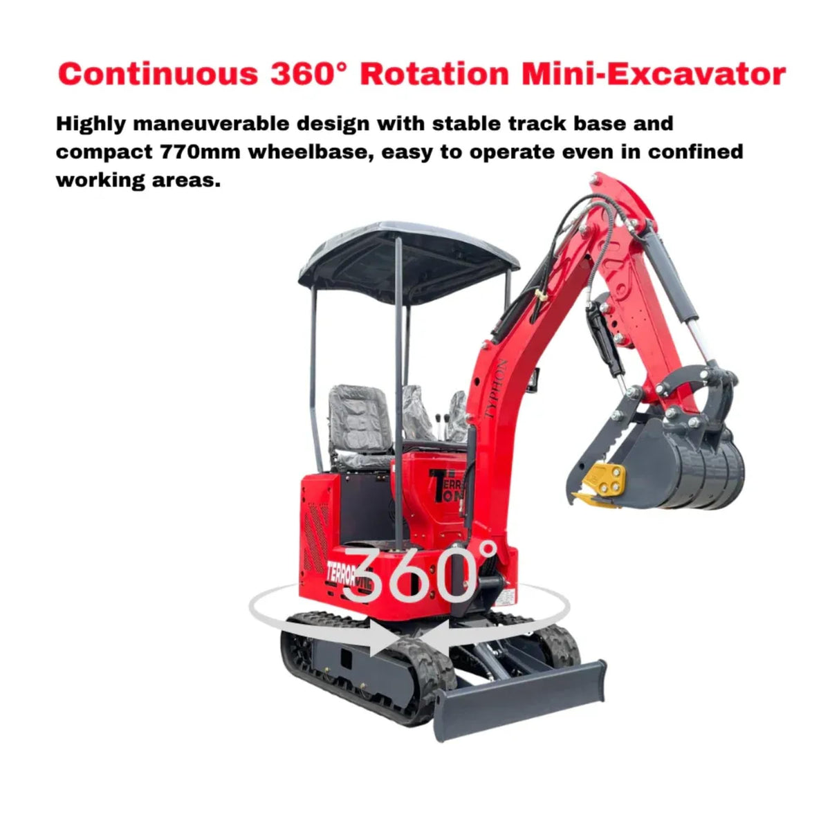 TYPHON Terror ONE Storm 1 Ton Mini Excavator Trench Digger with Canopy, Hydraulic Oil Cooler, 13.5hp B&S Engine, Wide 380mm Bucket & Hydraulic Thumb Clip for Farms, Gardens & Construction