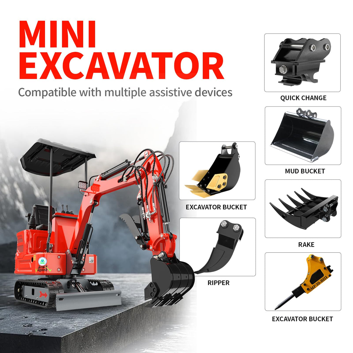ATTA16 1.4 Ton Mini Excavator, KubotaDiesel Engine 13.5HP with Pilot System & Loader, EPA Certified Compact Digger for Garden, Pool, Trenching, 12 Months Parts Warranty (R2)