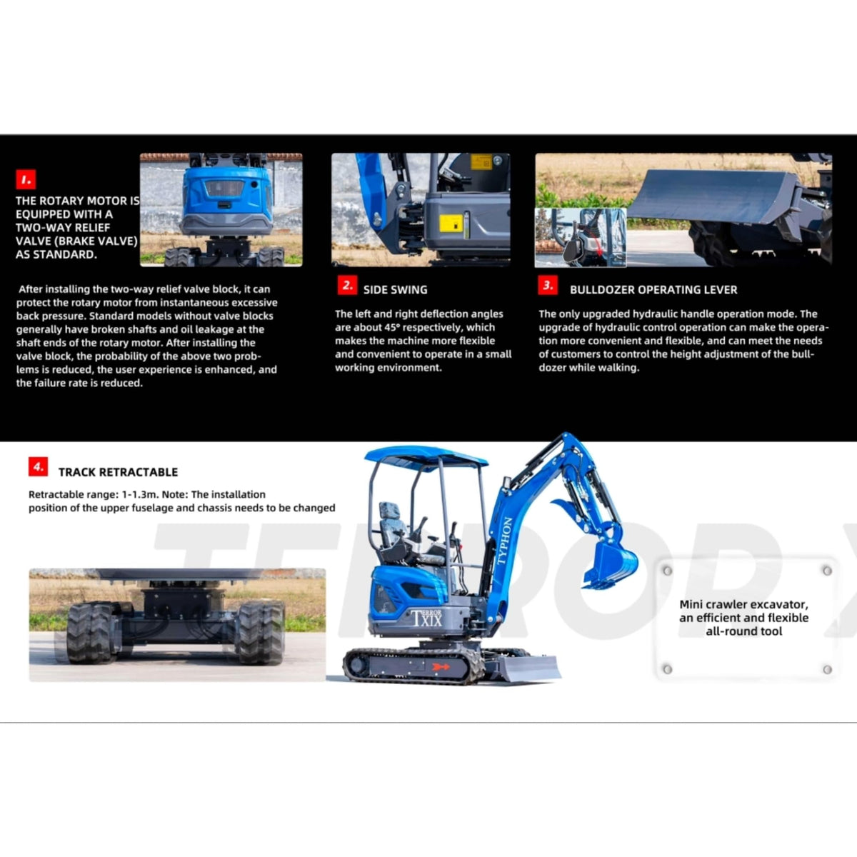 TYPHON Terror XIX Storm Mini Excavator, 4000lbs Trench Digger with Boom Swing, Canopy, Retractable Tracks