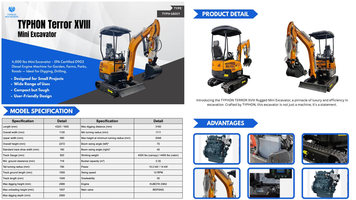 TERROR XVIII 4,000 lbs Mini Excavator - EPA Certified D902 Diesel Engine Machine for Garden, Farms, Parks, Roads – Ideal for Digging, Drilling, Bull-Dozing