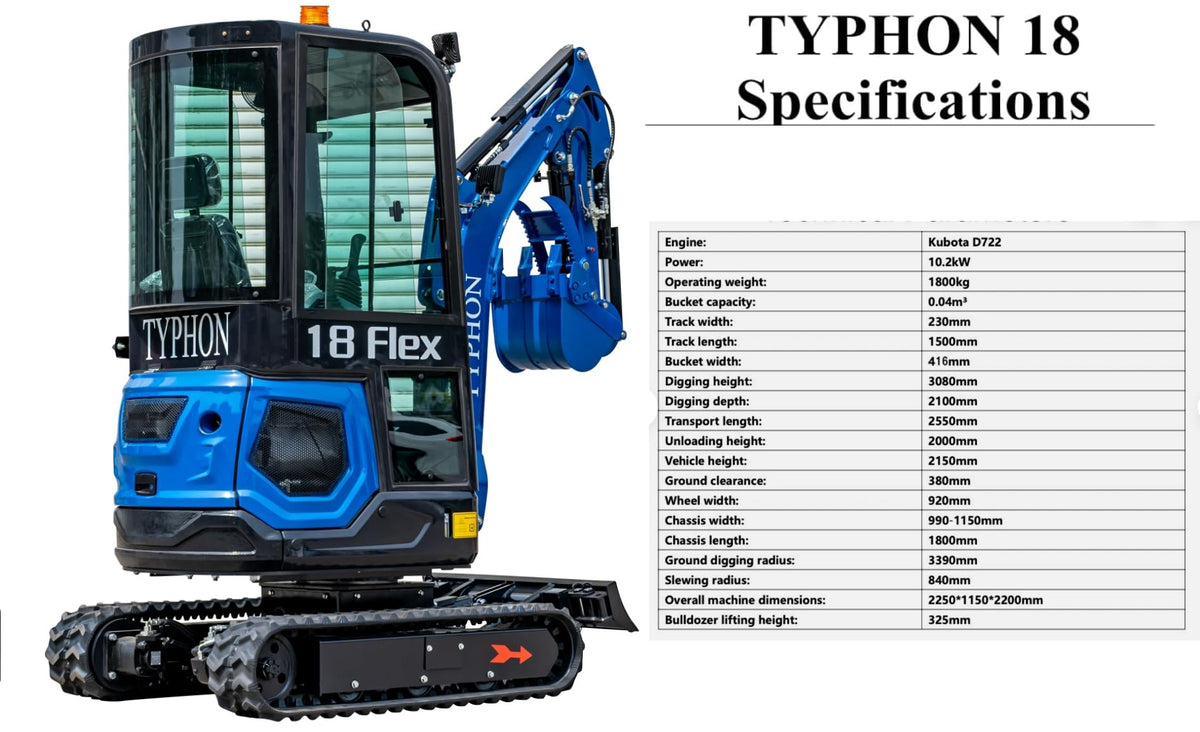 TYPHON 18 Flex 4,000 lbs Mini Crawler Excavator for Garden, Farm, Park, Road Micro Digger Ideal for Digging, Drilling, Bull-Dozing with 12 Different attachments