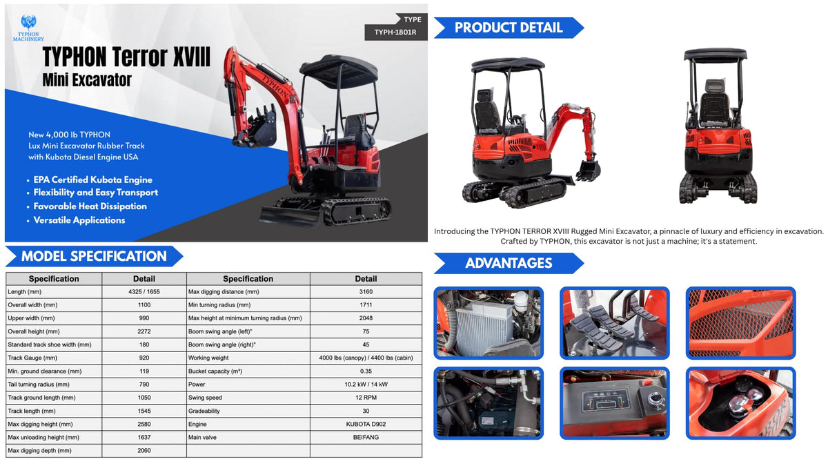 4,000 lbs Terror XVIII Mini Excavator, EPA Certified USA KUBOTA D902 Diesel Machine for Garden, Farms, Parks, Roads – Ideal for Digging, Drilling, Bull-Dozing