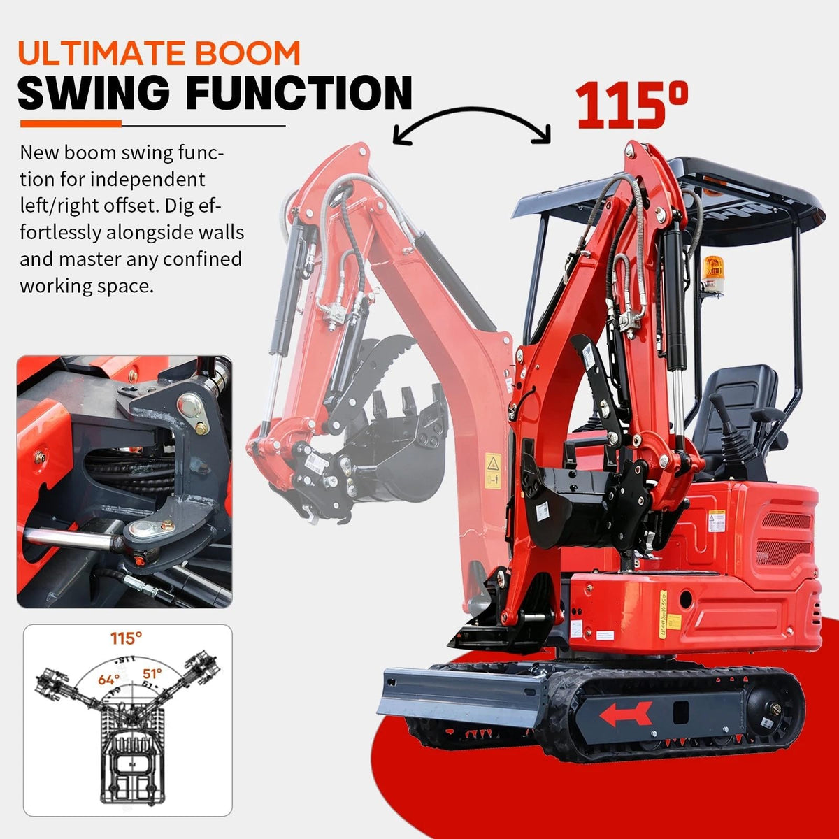 Machpro 1.4 Ton Mini Excavator with Kubota-Diesel Engine and Side Swing Boom, Compact Crawler Excavator for Trenching, Landscaping and Construction, Include Delivery & Unloading（90% pre-assembled）