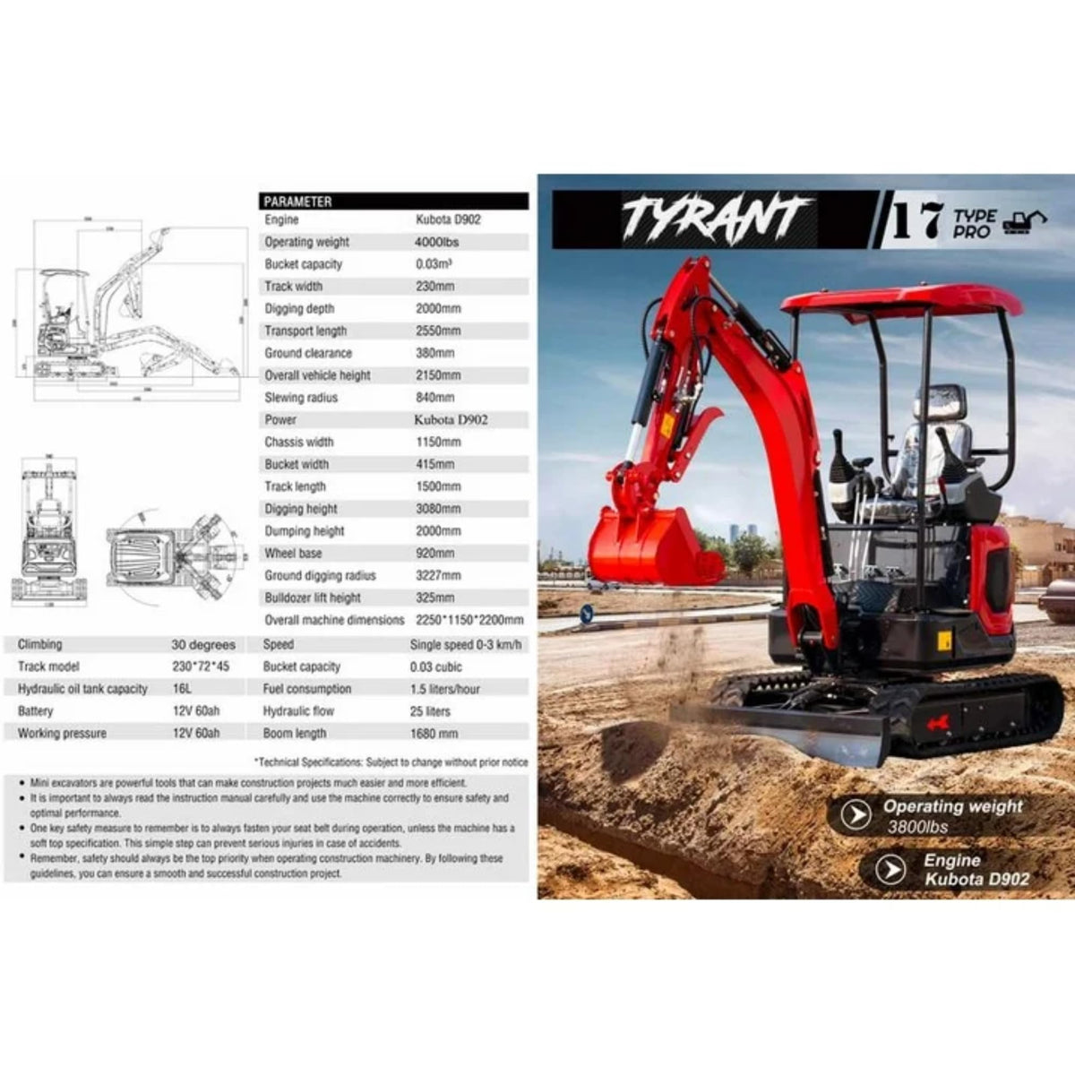 TYPHON Tyrant 17 Mini Excavator, 3800 lbs | D902 Diesel Engine EPA, Zero Tail Swing | 12 Attachments, 2000mm Dig Depth