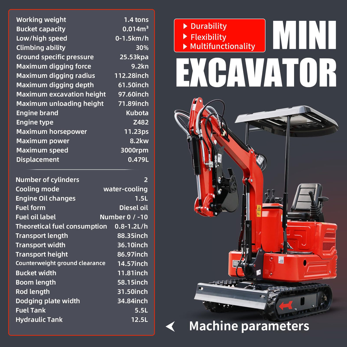 ATTA16 1.4 Ton Mini Excavator, KubotaDiesel Engine 13.5HP with Pilot System & Loader, EPA Certified Compact Digger for Garden, Pool, Trenching, 12 Months Parts Warranty (R2)
