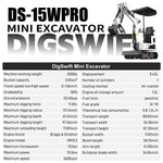DS-15WPRO, New 1.2 Ton Crawler B&S Gasoline 90% Pre-Assembled Mini Excavator, with Quick Coupler, Ripper, Rake, Toothless Bucket, Grapple, Auger, Hydraulic Hammer Breaker Kit, Work for Any Occasions