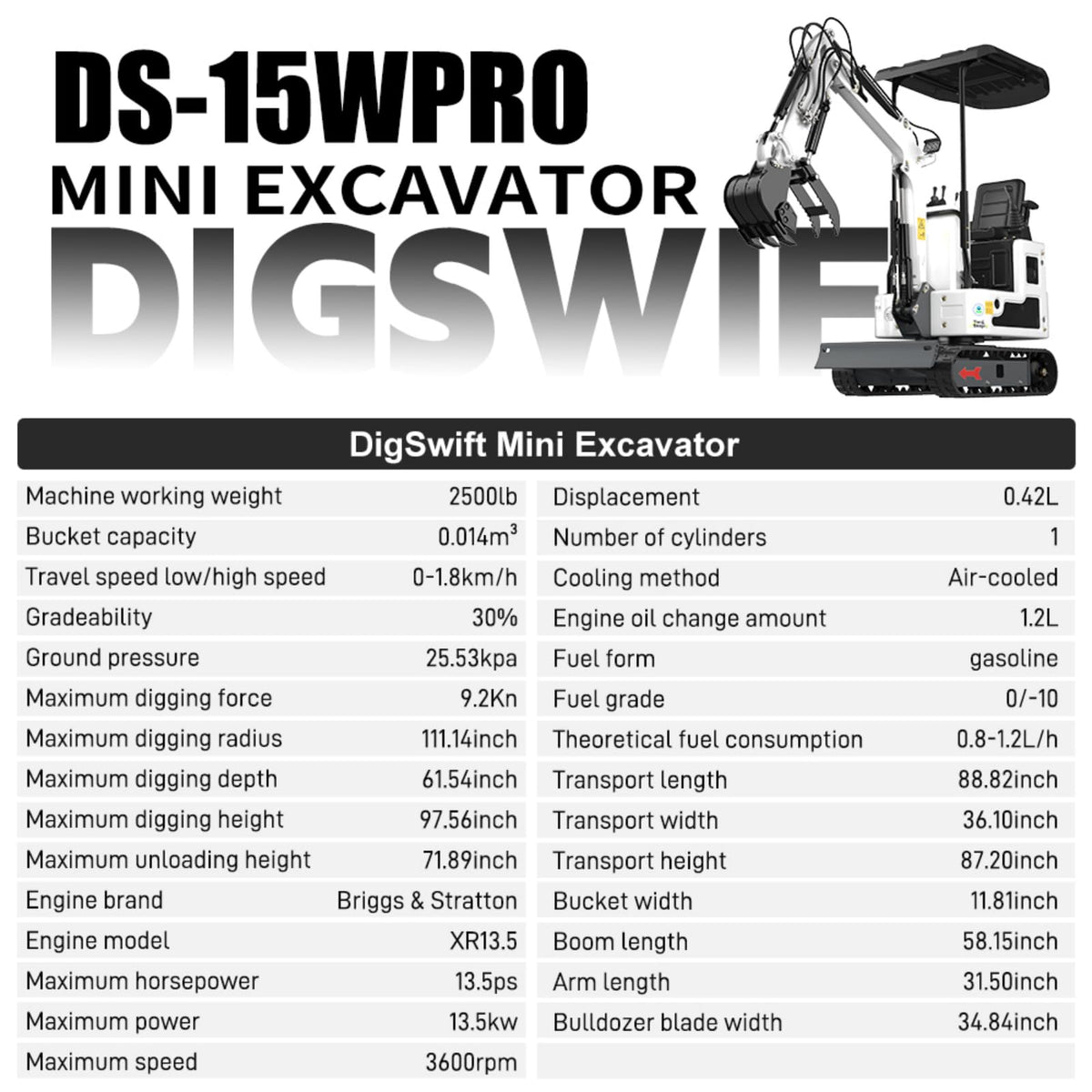 DS-15WPRO, New 1.2 Ton Crawler B&S Gasoline 90% Pre-Assembled Mini Excavator, with Quick Coupler, Ripper, Rake, Toothless Bucket, Grapple, Auger, Hydraulic Hammer Breaker Kit, Work for Any Occasions