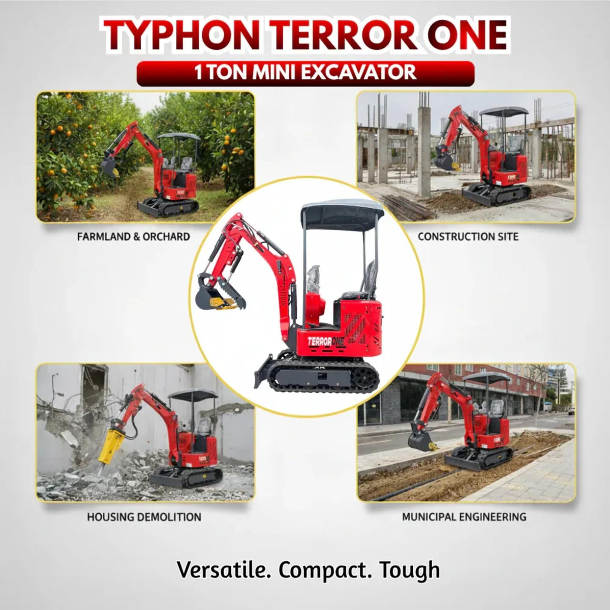 TYPHON Terror ONE Storm 1 Ton Mini Excavator Trench Digger with Canopy, Hydraulic Oil Cooler, 13.5hp B&S Engine, Wide 380mm Bucket & Hydraulic Thumb Clip for Farms, Gardens & Construction