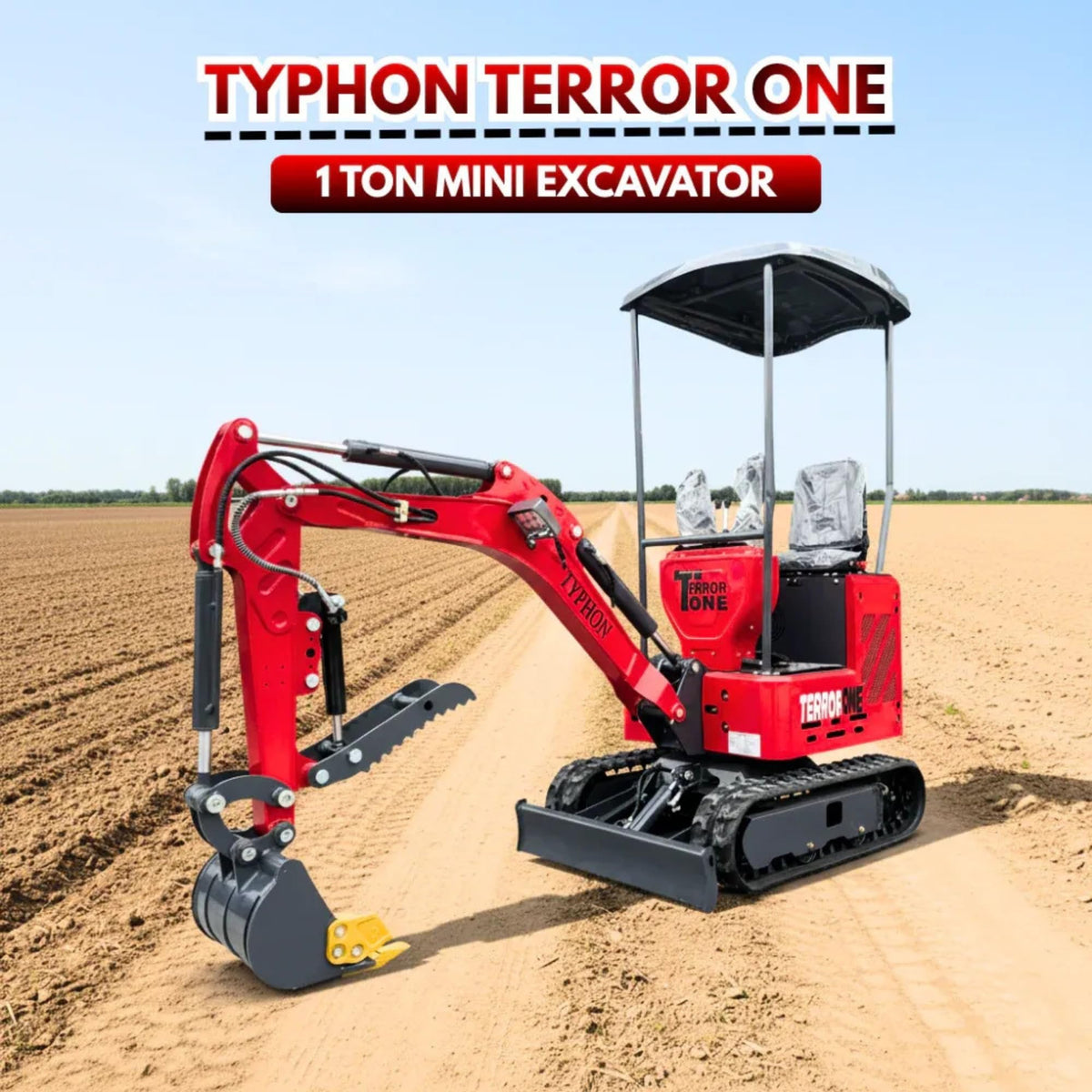 TYPHON Terror ONE Storm 1 Ton Mini Excavator Trench Digger with Canopy, Hydraulic Oil Cooler, 13.5hp B&S Engine, Wide 380mm Bucket & Hydraulic Thumb Clip for Farms, Gardens & Construction