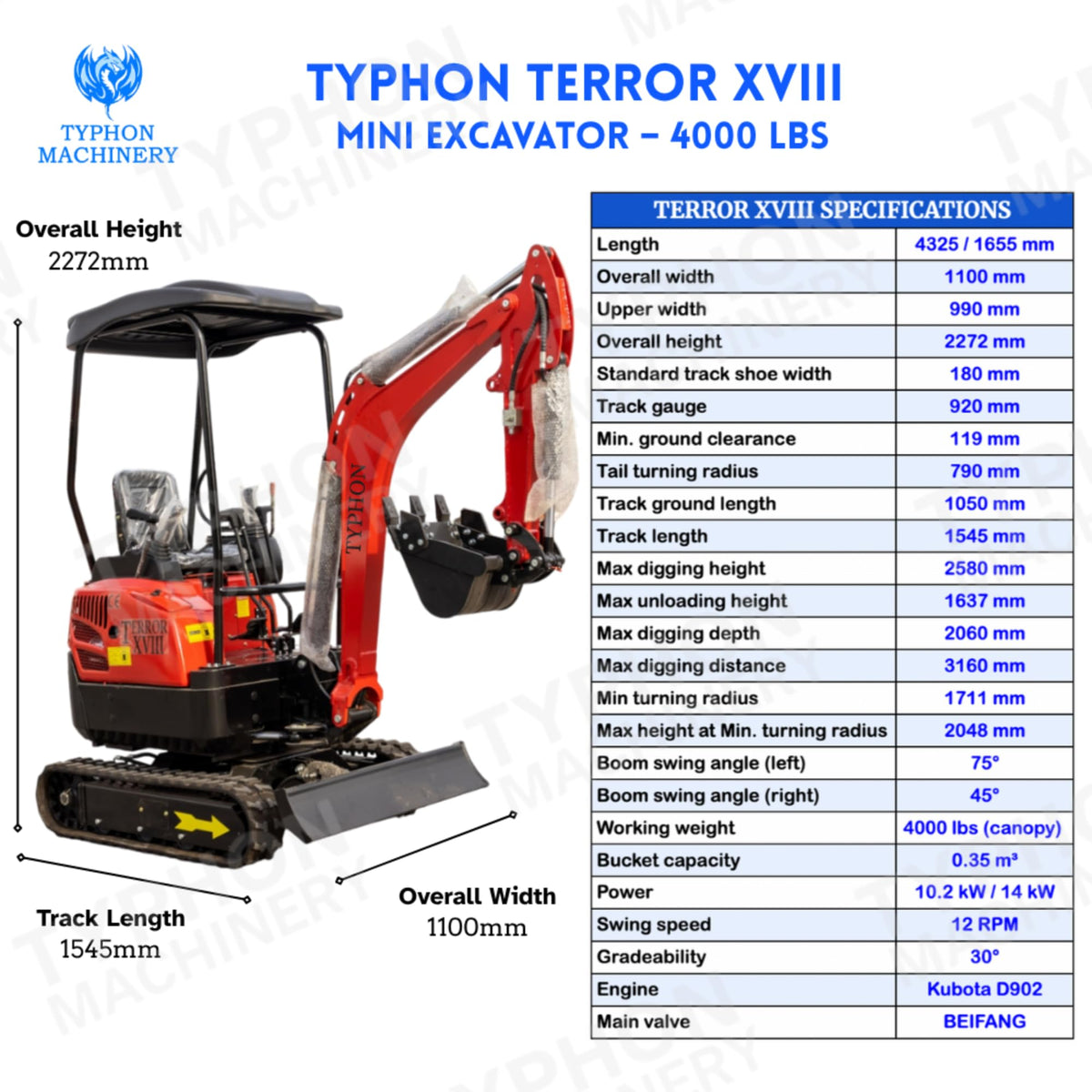 4,000 lbs Terror XVIII Mini Excavator, EPA Certified USA KUBOTA D902 Diesel Machine for Garden, Farms, Parks, Roads – Ideal for Digging, Drilling, Bull-Dozing