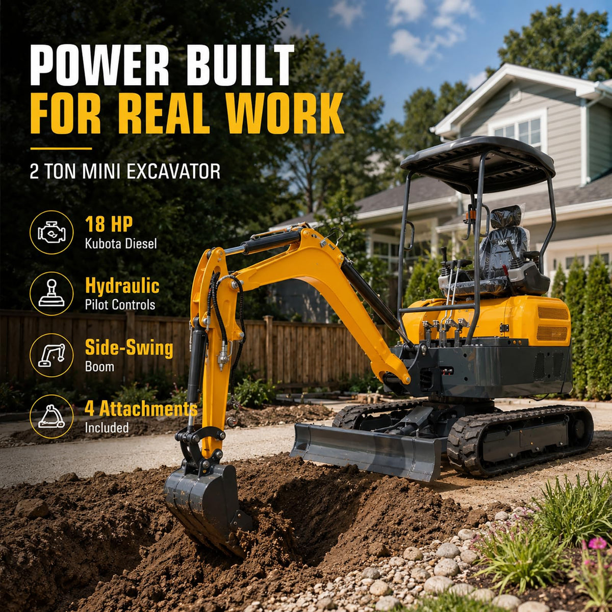 MMS20P 2 Ton Mini Excavator 18 HP Kubota Diesel Engine with Side Swing, Hydraulic Thumb, Quick Coupler & Ripper, Digger Machine for Landscaping Garden Tight Spaces Construction, Unloading Included