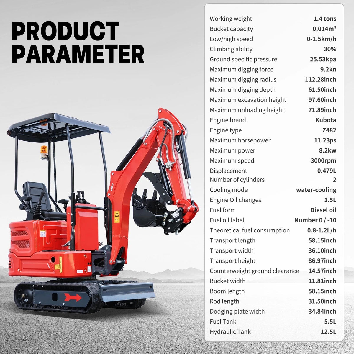 Machpro 1.4 Ton Mini Excavator with Kubota-Diesel Engine and Side Swing Boom, Compact Crawler Excavator for Trenching, Landscaping and Construction, Include Delivery & Unloading（90% pre-assembled）