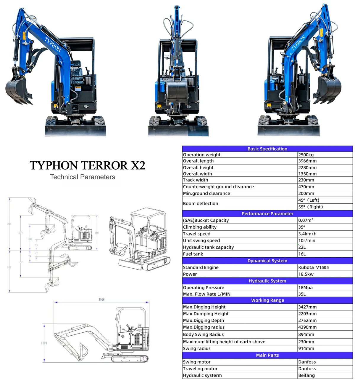 TYPHON Terror X2 Storm Mini Excavator 2.5 Ton Trench Digger EPA Diesel 24.4-24.8HP Engine