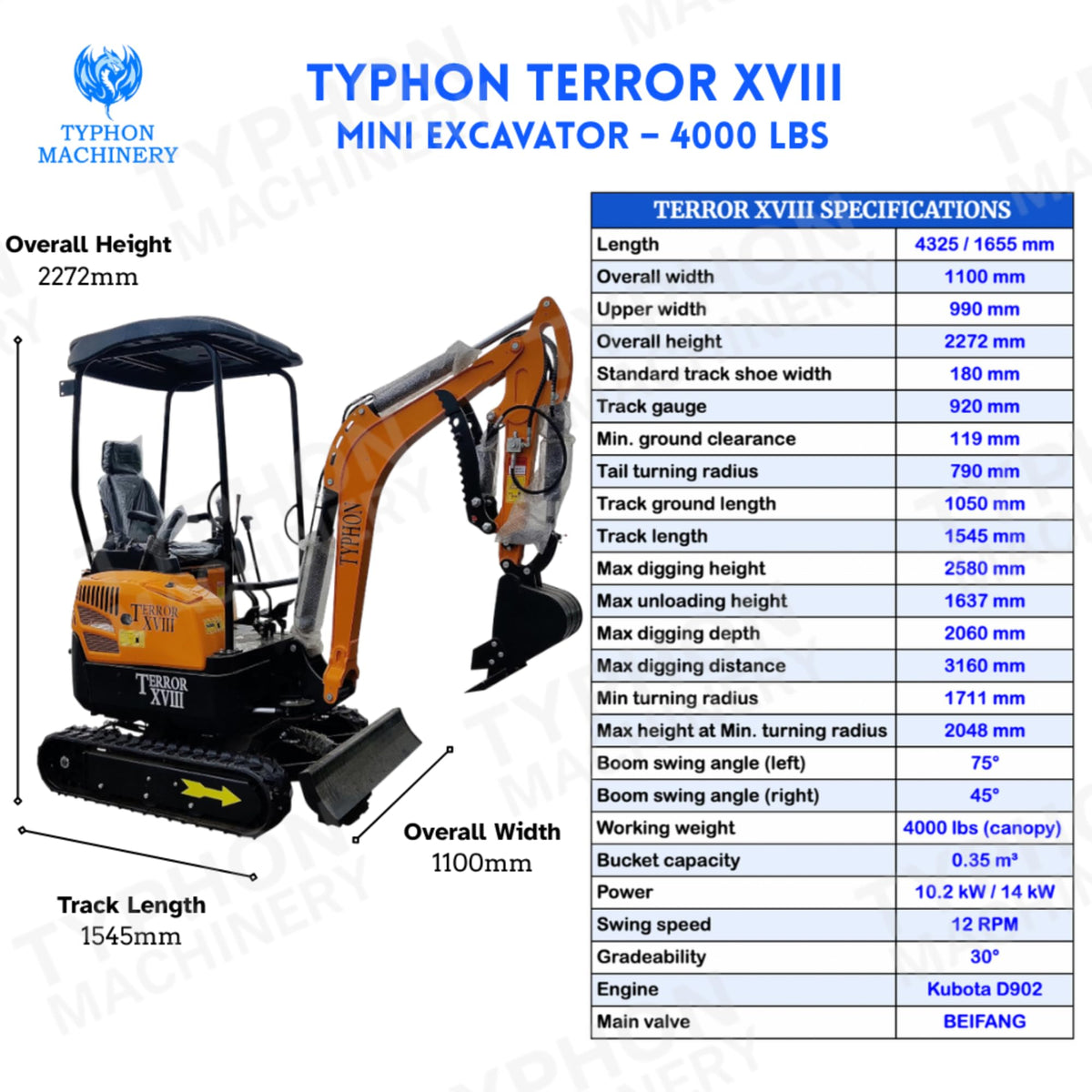 TERROR XVIII 4,000 lbs Mini Excavator - EPA Certified D902 Diesel Engine Machine for Garden, Farms, Parks, Roads – Ideal for Digging, Drilling, Bull-Dozing