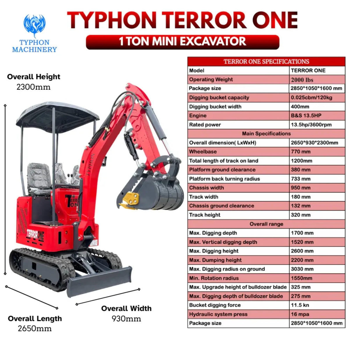TYPHON Terror ONE Storm 1 Ton Mini Excavator Trench Digger with Canopy, Hydraulic Oil Cooler, 13.5hp B&S Engine, Wide 380mm Bucket & Hydraulic Thumb Clip for Farms, Gardens & Construction