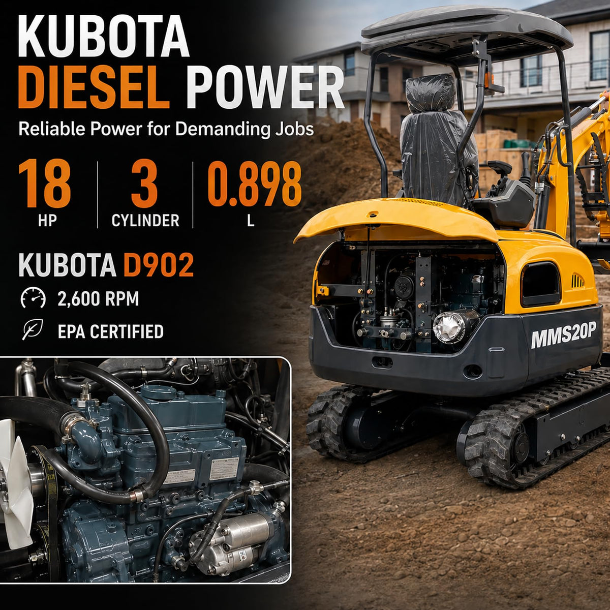 MMS20P 2 Ton Mini Excavator 18 HP Kubota Diesel Engine with Side Swing, Hydraulic Thumb, Quick Coupler & Ripper, Digger Machine for Landscaping Garden Tight Spaces Construction, Unloading Included